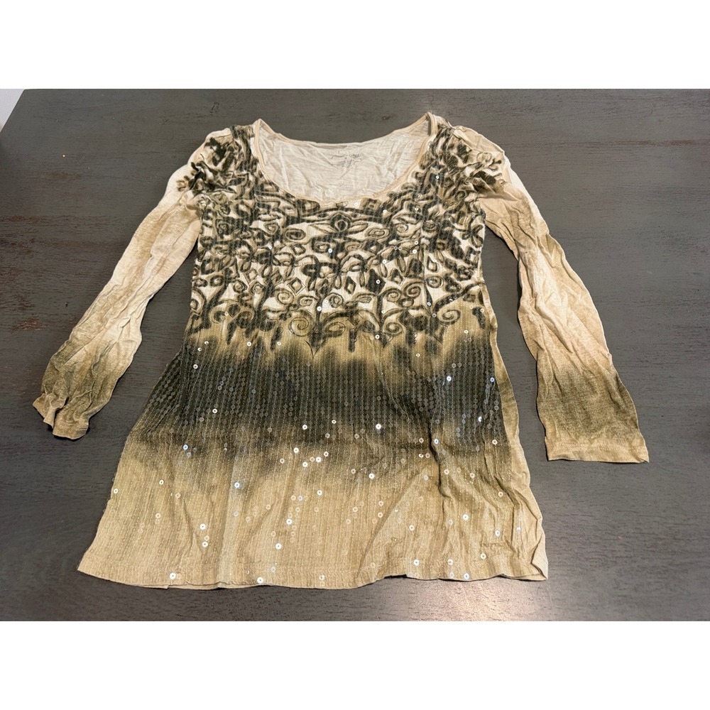 One World Womens Long Sleeve Sequin Ombre Tunic Top Brown Tan Size M